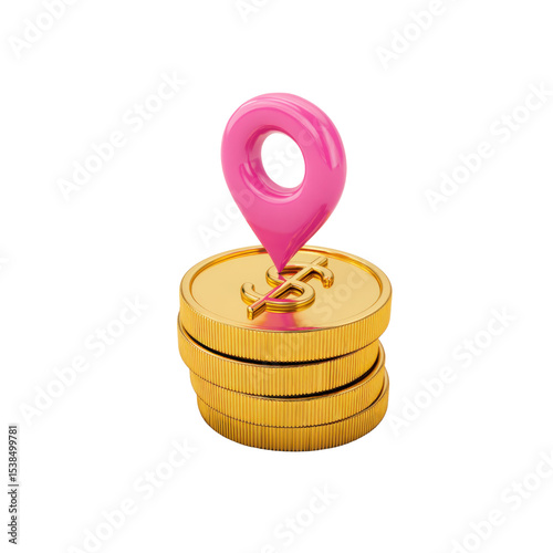 Stack golden coins with a raised dollar sign detail on the top coin, a pink map pin sits on top of the coin stack, transparent background