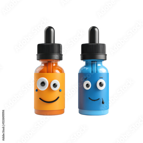 A whimsical set of dropper bottles ideal for medical use. One bottle is orange with a label depicting cartoon eyes and a smile, and the dropper hangs with one drop on a transparent background