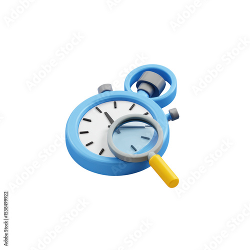 Cartoon rendition of a blue stopwatch and magnifying glass, transparent background