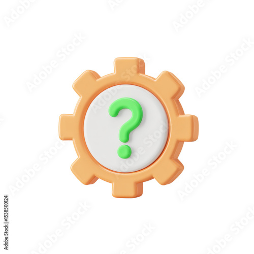 The object has a stylized screw or gear shape, a bright green question mark in the white center, and a transparent background
