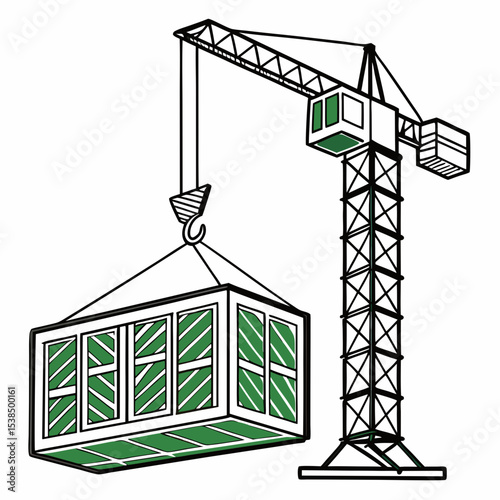 Construction Crane Lifting Cargo Container Industrial Illustration