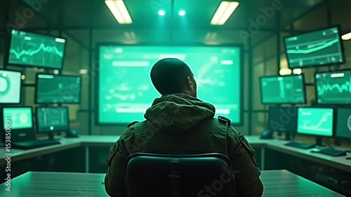 Man monitors tactical data on multiple control monitors
