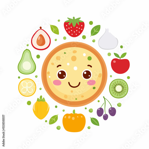 A seamless pattern vector illustration of healthy fruits and vegetables, including apples, strawberries, lemons, cherries, oranges, pears, bananas, watermelons, and grapesA seamless pattern vector ill