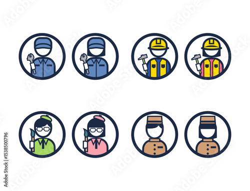丸いシンプルなカラーの職業イラストアイコンセット（整備士・大工・画家・ホテルスタッフ）
