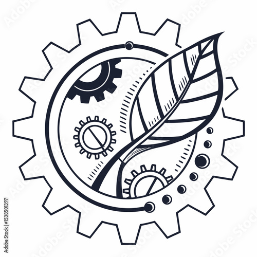 Sustainable Technology Eco-Friendly Gear and Leaf Design Illustration