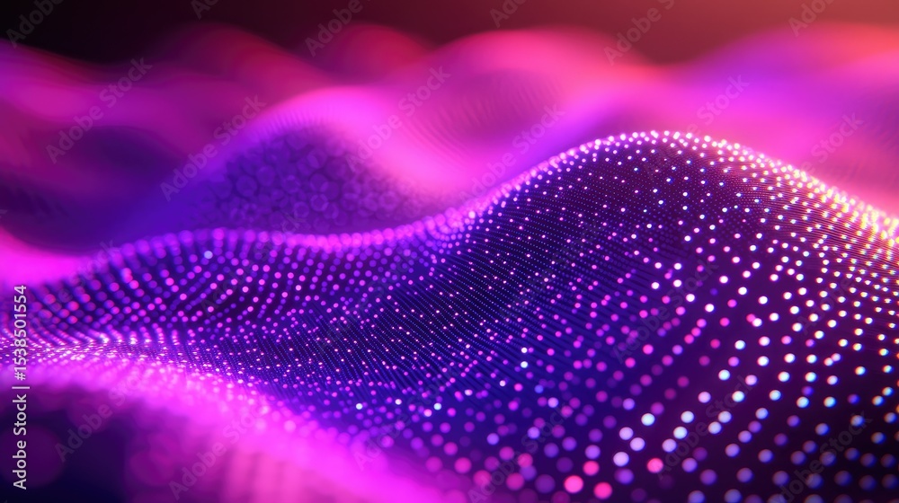 Abstract wave form of glowing, vibrant pink and purple dots