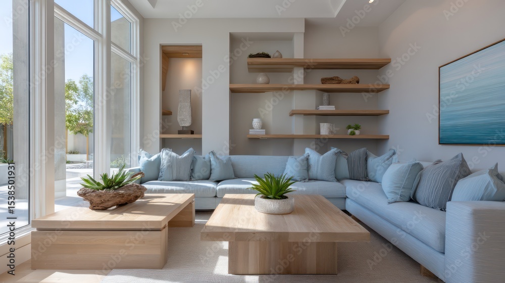 Fototapeta premium A contemporary coastal living room light wood furniture, soft blue tones, open shelving, natural light from large windows