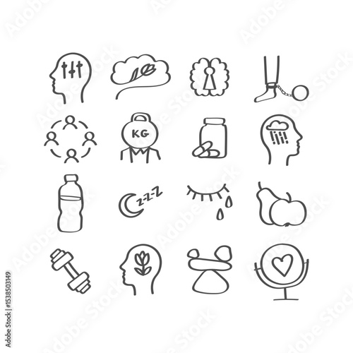 Mental health icon set. Handdrawn vector illustration.