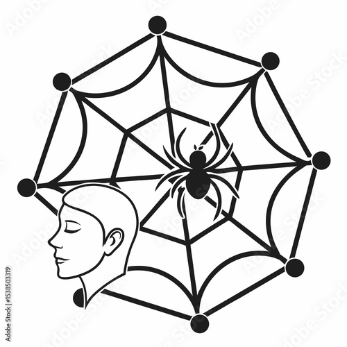 Entrapment Mind Web, Spider, and Human Head Illustration