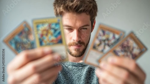 Man focused on collectible card game deck with an intense expression against a white background