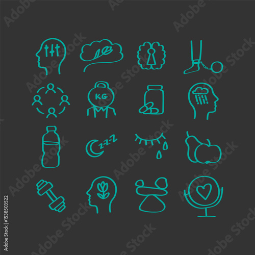Mental health icon set. Handdrawn vector illustration.