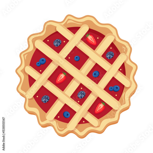 Delicious berry pie with jam and fresh fruits vector on white background – raspberry, blueberry, blackberry and strawberry tart. Perfect for food ads, kids design, holiday decor and packaging