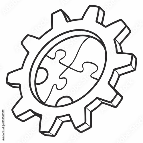 Interlocking Puzzle Pieces within a Gear Synergy, Teamwork, and Solutions