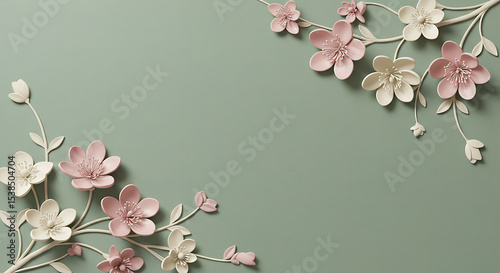Elegant Floral Design Pink and White 3D Flowers on Sage Green Background