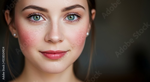 Generative AI portrait of a white skinned modern young lady in 20's from France, looking directly camera, her eyes are big and green, she has a natural make-up, her skin is flawless, smiling slightly,