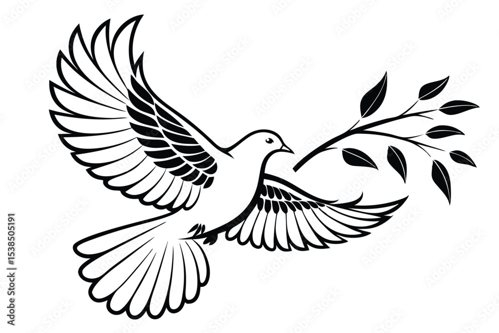 Obraz premium Stylized black dove gracefully carries an olive branch symbolizing peace and hope globally