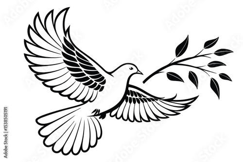 Stylized black dove gracefully carries an olive branch symbolizing peace and hope globally