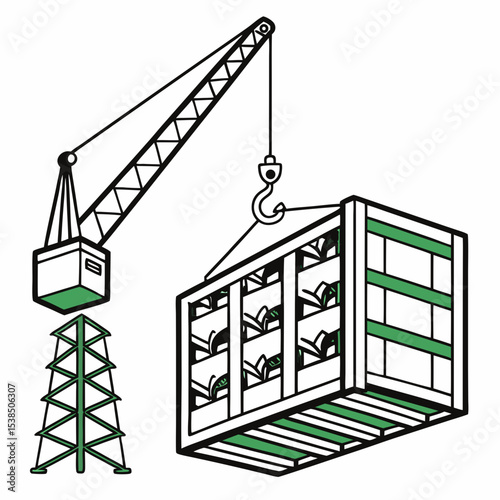 Crane Lifting Cargo Container Industrial Port Logistics Illustration
