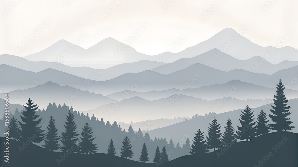 Obraz premium Serene misty mountain landscape with silhouetted pine trees