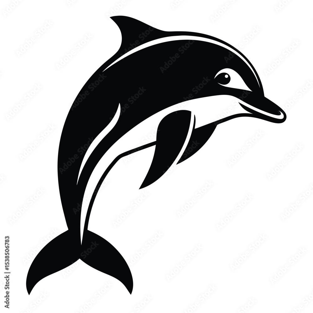 Obraz premium Black shaded dolphin cheerfully leaps upward, showing sleek curves against a white background
