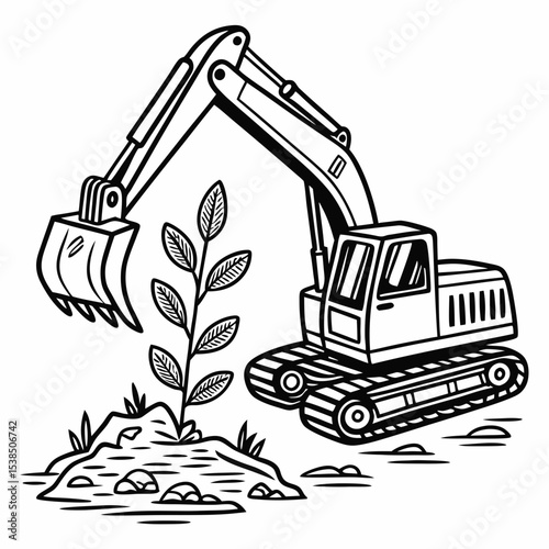 Excavator Planting a Sapling Environmental Conservation Illustration
