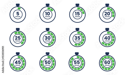 Set of Countdown timer icon start from 5 to 60 minutes. Numeric countdown elements for progress tracking, Time Tracking Illustration,Stopwatch Countdown Icons