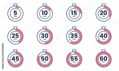 Set of Countdown timer icon start from 5 to 60 minutes. Numeric countdown elements for progress tracking, Time Tracking Illustration,Stopwatch Countdown Icons