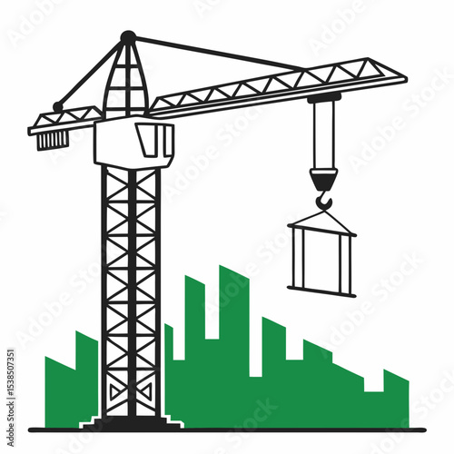 Construction Crane Lifting Building Materials Against City Skyline
