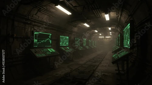 Dimly Lit Underground Bunker with Computers and Green Screens