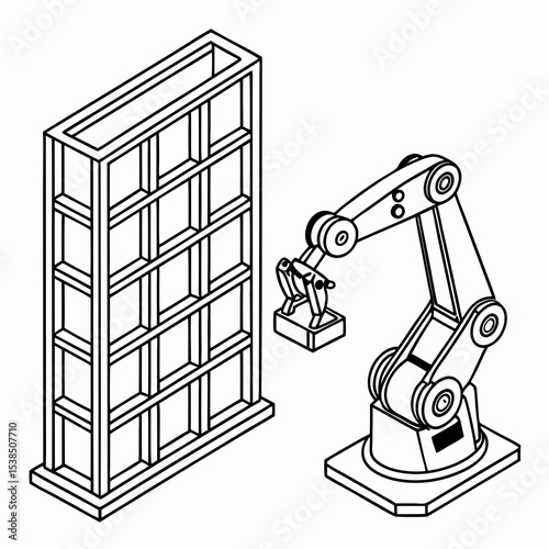 Robotic Automation in Construction Isometric Illustration of a Robotic Arm Building a Structure