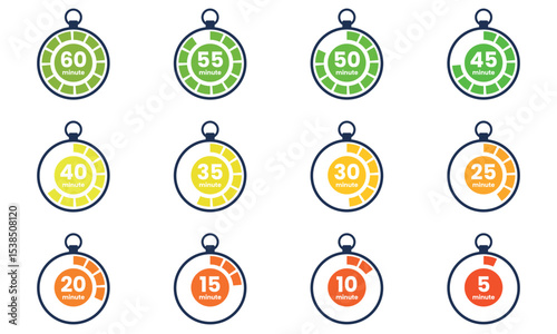 Set of Countdown timer icon start from 5 to 60 minutes. Numeric countdown elements for progress tracking, Time Tracking Illustration,Stopwatch Countdown Icons