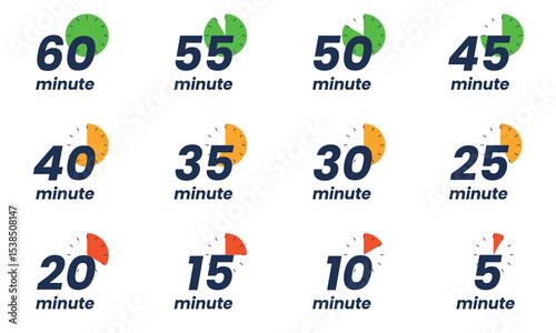 Set of Countdown timer icon start from 5 to 60 minutes. Numeric countdown elements for progress tracking, Time Tracking Illustration,Stopwatch Countdown Icons