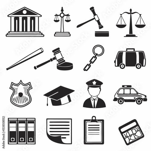 Law, Justice, and Legal System Icons Court, Scales, Gavel, Police