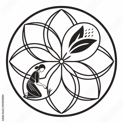 Elegant Floral Design Featuring a Woman Tending Plants Black and White Illustration
