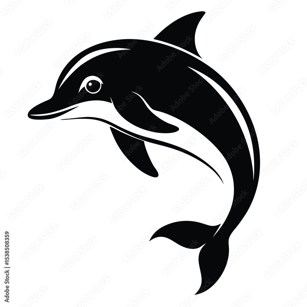 Naklejka premium Solemn black dolphin gracefully leaping upwards showcases the unique marine animal art style