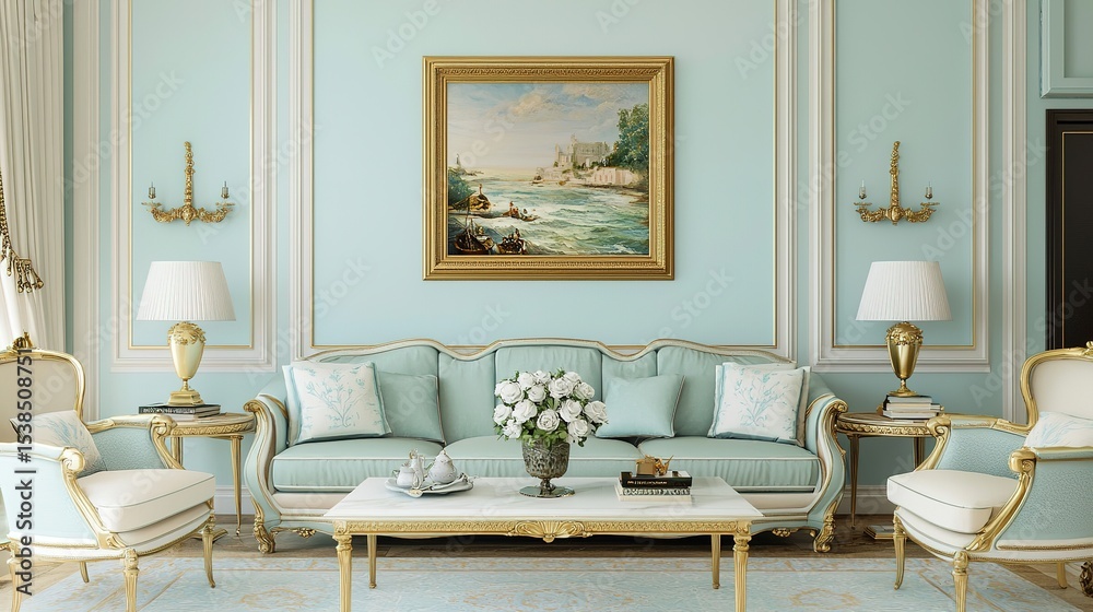 Fototapeta premium Elegant pastel living room with gold-trimmed furniture, a floral centerpiece, and a classic landscape painting on the wall.