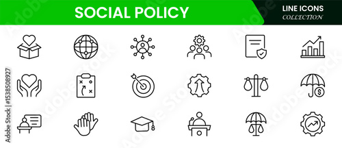 Impactful vector web line icons depicting social policy, welfare, equality, community support, and governance for inclusive societal progress.