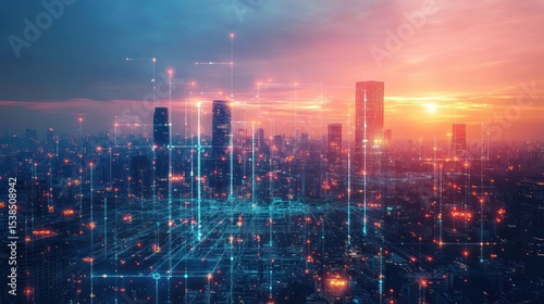 Futuristic cityscape illuminated by network connections at twilight hour