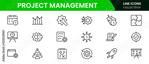 Organized vector web line icons depicting project management, timelines, tasks, collaboration, and efficient workflows for successful project execution.