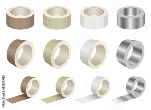 Rolls of adhesive tapes in various colors on display, some unrolled. 