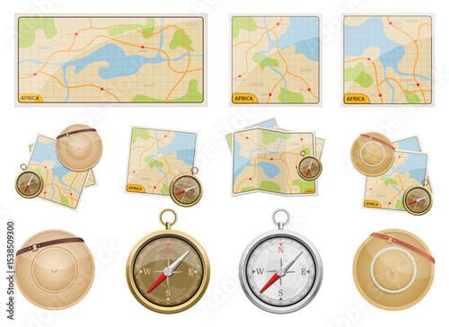 Maps, Compass and pith helmet for explorers ready to set off for adventure