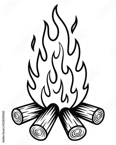 Campfire flames burning brightly wood logs