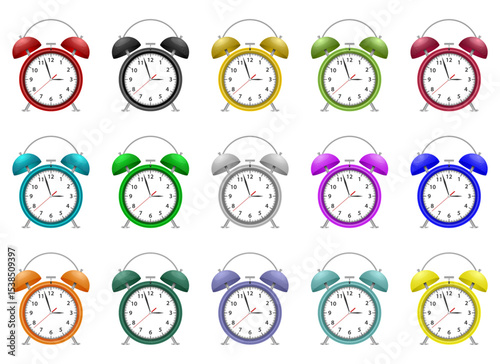Collection of Fifteen Colorful Alarm Clocks Displayed on a White Background