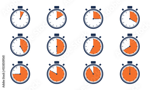 Set of Countdown timer icon start from 5 to 60 minutes. Numeric countdown elements for progress tracking, Time Tracking Illustration,Stopwatch Countdown Icons