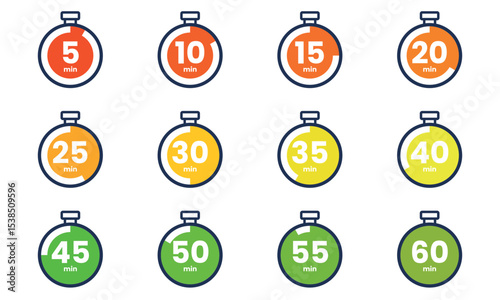 Set of Countdown timer icon start from 5 to 60 minutes. Numeric countdown elements for progress tracking, Time Tracking Illustration,Stopwatch Countdown Icons