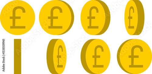 Basic 8-frame Rotating Coin with British Pound Sterling Sign Symbol Sprite Sheet for Sprite Animation in Games and App UI. Vector Image.