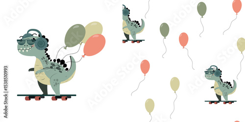 Cute dinosaur with glasses and headphones. Vector set for printing on children's products.