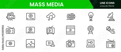Dynamic vector web line icons depicting mass media, journalism, broadcasting, news, television, and digital communication for global information sharing.