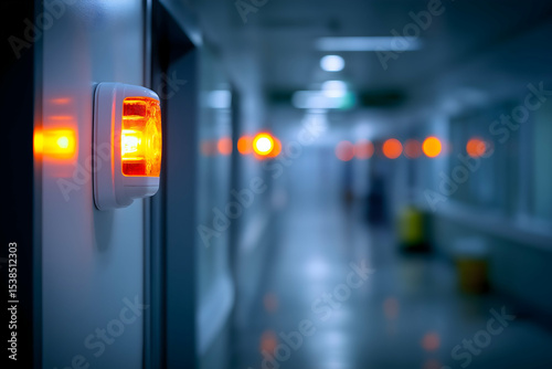 A glowing orange emergency alarm is mounted on a wall in a dimly lit, empty corridor with a blurred background.