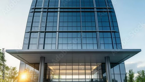 High-rise building with full glass facade reflecting the sky